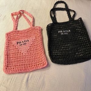 Two faux Prada raffia woven beach bags